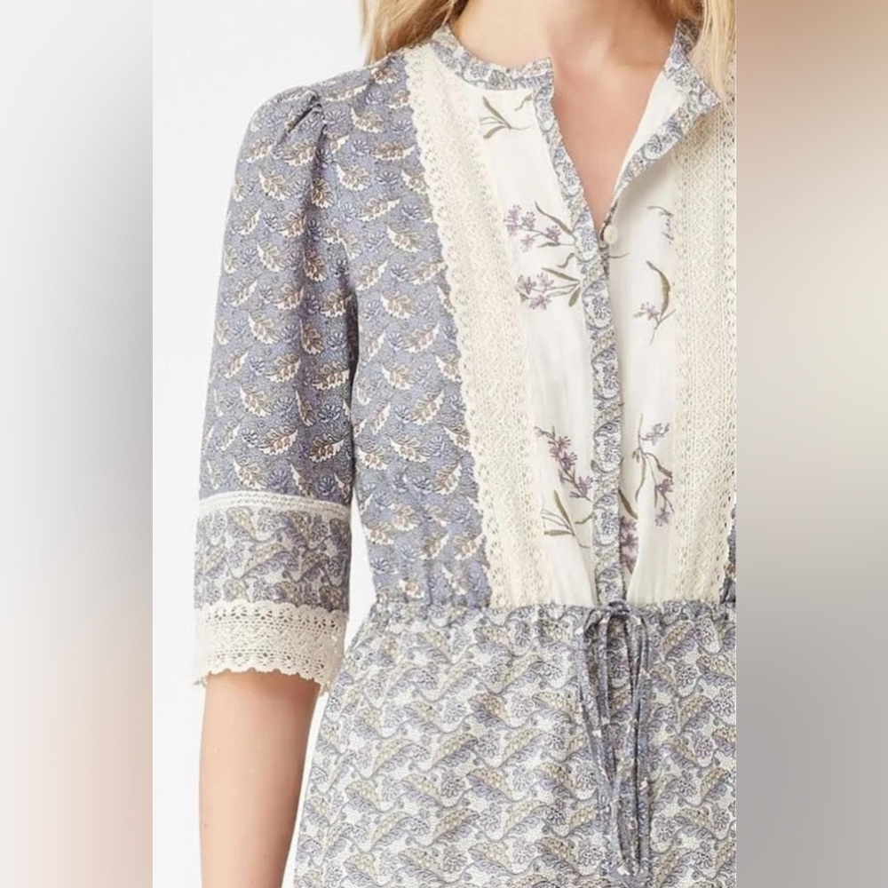 La Vie Rebecca Taylor Patchwork Floral Prairie Midi Dress Cotton Lace Trim - Picture 4 of 15